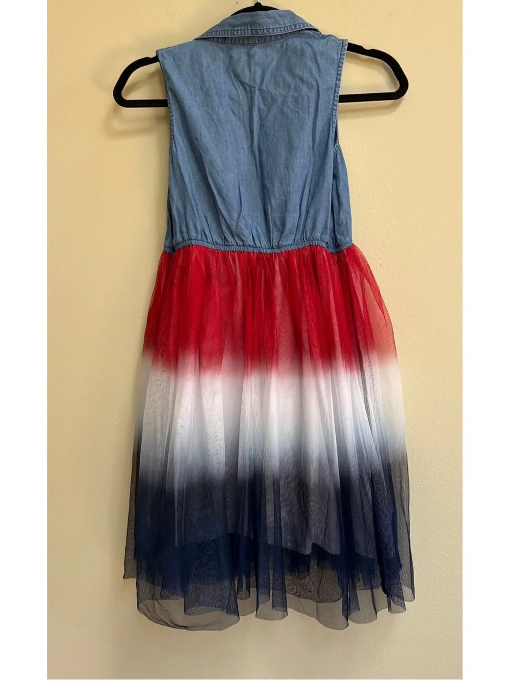 Girls' Sleeveless Denim Top Red White Blue Ombre Tulle Dress 4th of July